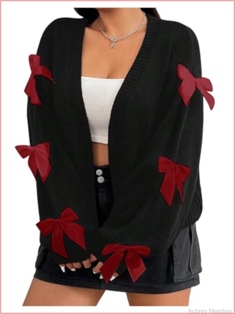 Plus Size Bow Cardigan Open Front Long Sleeve Drop Shoulder Knit Sweater